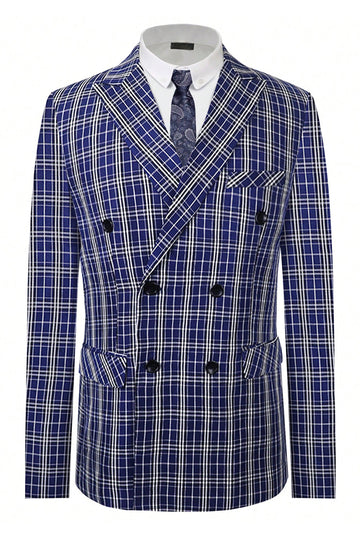 Royal Blue Plaid Peak Lapel Double Breasted 2 Piece herredress